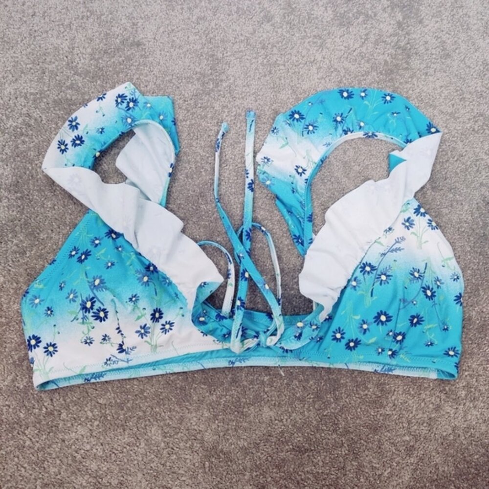 Aerie Women's Bikini Top Scoop Blue Floral Ruffle Size Large NEW Beach Vacation